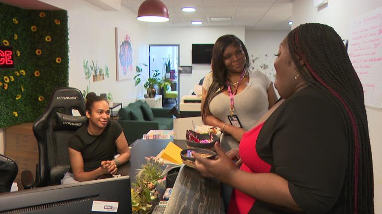 From left: Chrissy Huerta, Courtney McKinney and Trinity Coats at Brave Space Alliance. (WTTW News)